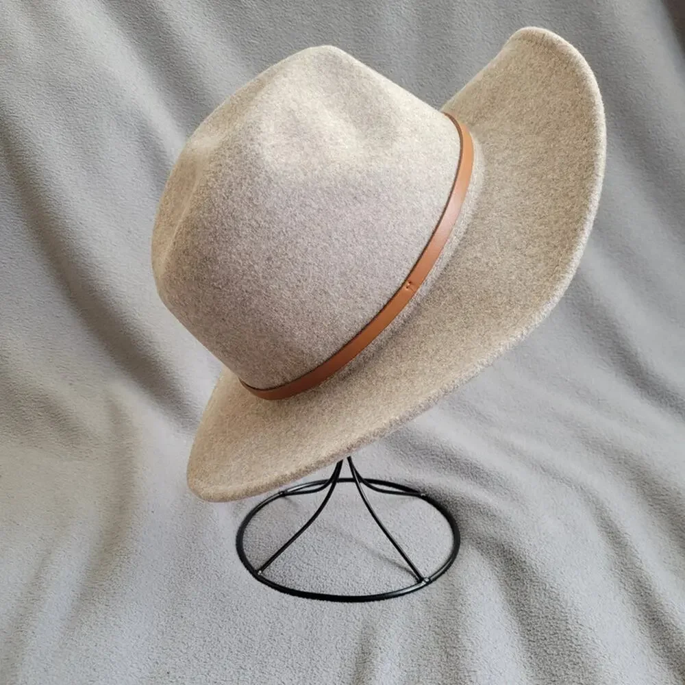 Beige Wool Blend Fedora Hat Thin Strap Classic Style Project Hat Asymetric - Picture 3 of 13